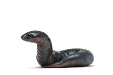 Obraz premium A dark, segmented amphibian with a long neck, posing against a stark white background.