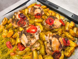Delicious roasted chicken with potatoes and tomatoes baking on a tray