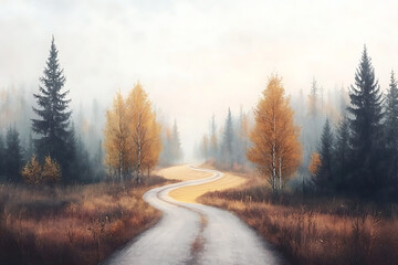 Winding road with autumn forest fog.