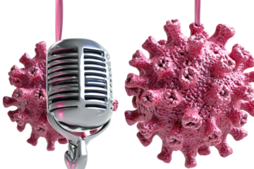 A retro microphone beside a virus, symbolizing pandemic communication
