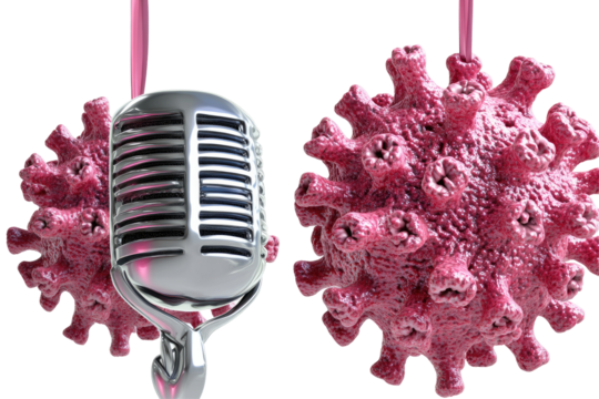 A retro microphone beside a virus, symbolizing pandemic communication