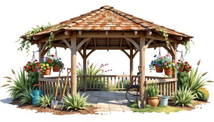 Obraz premium Charming rustic gazebo adorned with vibrant flowers and lush plants in a tranquil garden setting