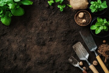 Freshly tilled soil, ready for planting, with gardening tools and young plants arranged artistically