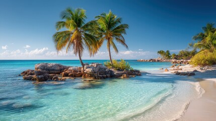 Fototapeta premium Idyllic Tropical Beach Scene Two Palm Trees on a Pristine Sandy Shore with Clear Turquoise Water and Rocks