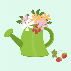 Green watering can with daisies and strawberries. Vector illustration
