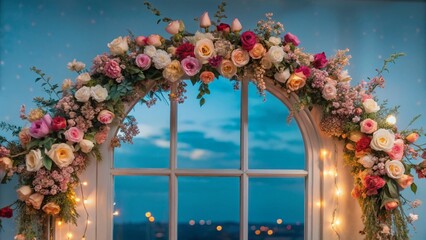 Low Light Wedding Arch with Flowers, Elegant Ceremony Window Decor