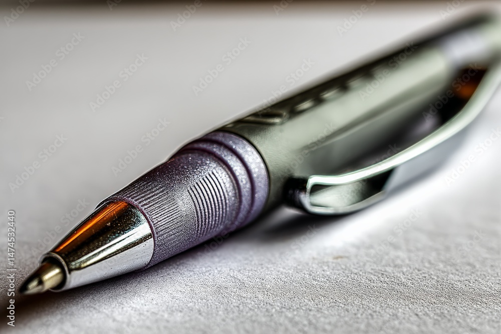 Poster close-up view of a black pen resting on a white surface illuminated by natural light