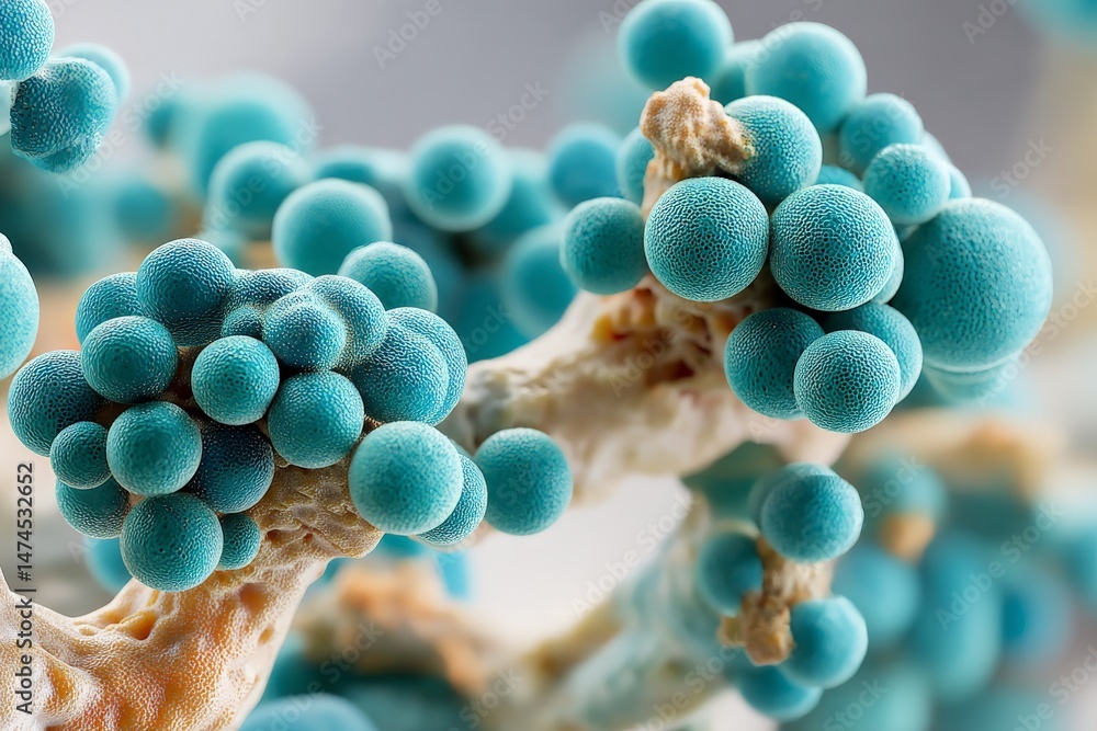 Poster Close-up of vibrant teal mold colonies on a natural surface showcasing intricate textures and structures in detailed macro photography