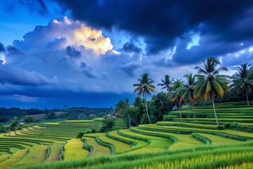 Lush Green Rice Terraces Patchwork Under Cloudy Sky - Candid Photography