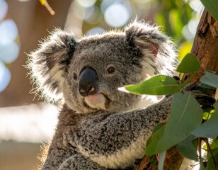 Fototapeta premium A close-up of a koala clinging to a eucalyptus tree, with soft natural backlight 