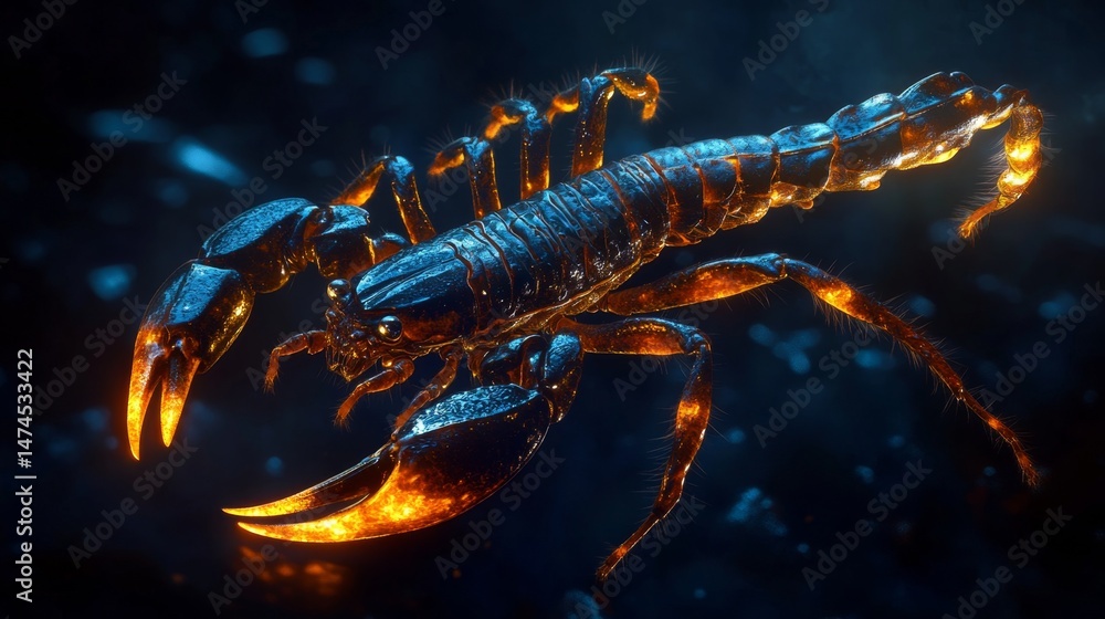 Poster illuminated scorpion creatively displayed in dark environment emphasizing unique textures and detail