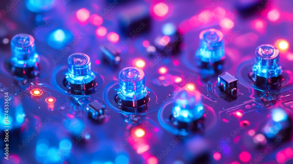 Poster illuminated circuit board components digital technology lab close-up futuristic environment high-tec