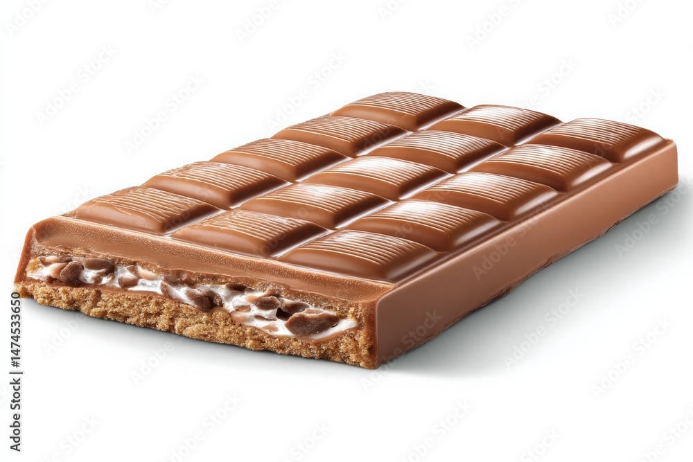 Poster delicious chocolate bar with creamy filling and crispy texture displayed on a white background