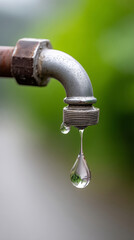 Close-up of water droplets dripping from metal tube against green background