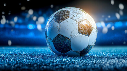 Fototapeta premium Mud-splattered soccer ball rests on a blue field under stadium lights