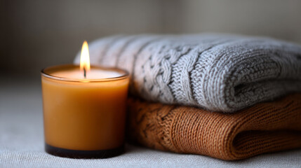 Cozy atmosphere with warm candlelight and folded knitwear for relaxation or home decor