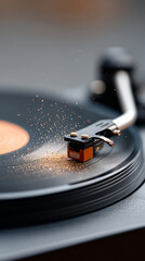 Classic vinyl record spinning with dust particles in motion