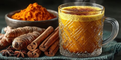 Golden Turmeric Moon Milk with Honey and Cinnamon in Glass &ndash; Healthy Vegan Bedtime Drink
