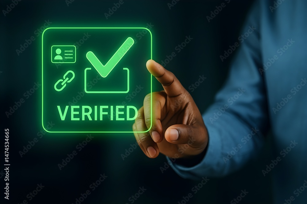 Poster a dark-toned image showcasing a hand interacting with a vibrant green verification interface. the in