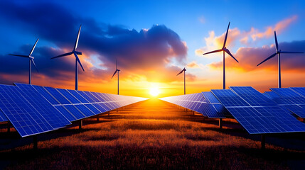 Vibrant sunset over a field of solar panels and wind turbines, showcasing renewable energy