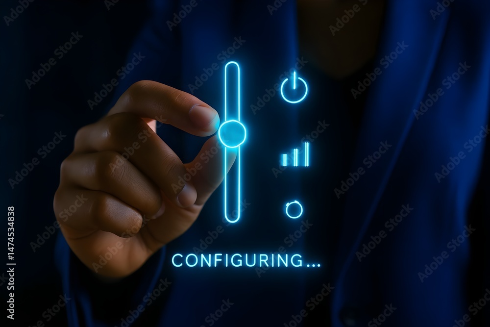 Poster close-up of a hand interacting with a digital interface, adjusting a glowing blue slider. the image 