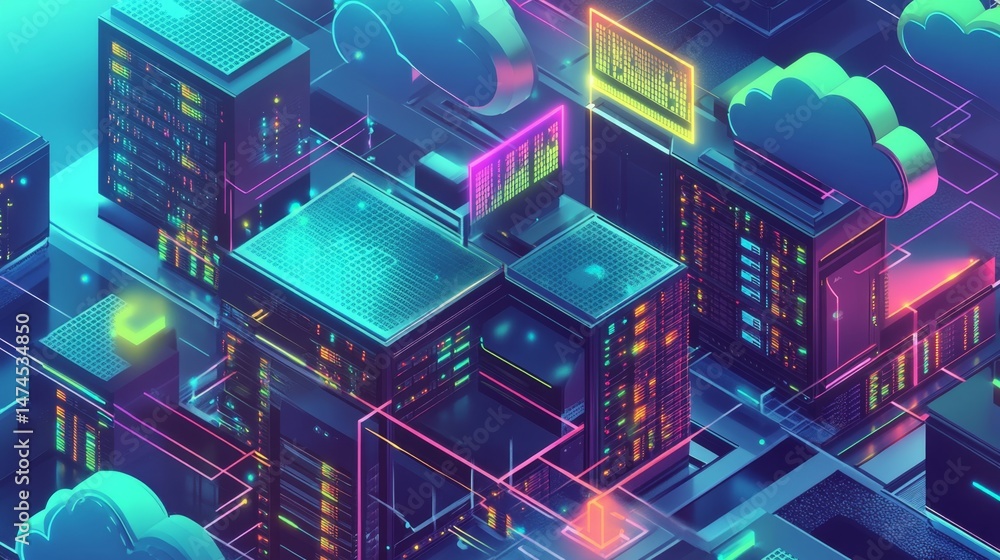 Aufkleber dynamic data center operations virtual environment digital art cyber landscape aerial view futuristi