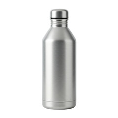 Sleek silver bottle with a rounded cap in center view, against a dark, minimalist background