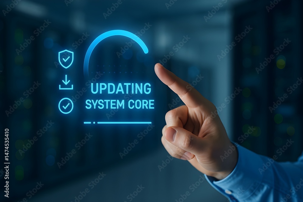 Poster a close-up shot of a hand pointing at a digital display showing the process of updating a system cor