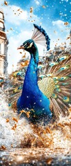 Majestic Peacock in a Splash of Golden Water