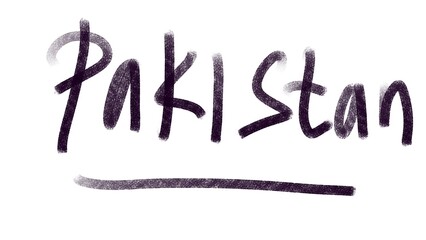 Hand-drawn illustration of the word "Pakistan" with a line underneath. Simple design