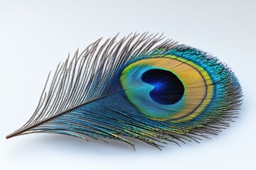 Fototapeta premium Peacock feather with iridescent emerald and sapphire shimmer, soft radiant glow, macro texture, floating in air, spiritual animal symbolism, isolated on white background, symbolic feather set