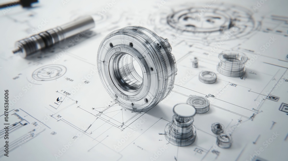 Poster engineering precision design mechanics industrial workshop technical drawings overhead view mechanic