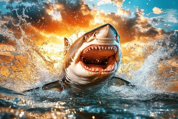 Great White Shark Leaping from Ocean at Sunset