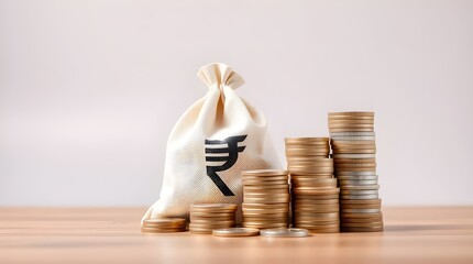 A money bag with the Indian Rupee symbol and stacks of coins placed on a wooden surface, symbolizing wealth, savings, and financial growth.