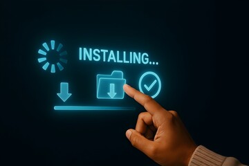 Close-up of a hand interacting with a digital interface displaying a software installation progress, with a download icon and a loading animation. The dark background creates a clean and modern feel.