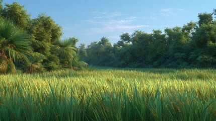 Naklejka premium Sunlit Tropical Grassland Meadow at Dawn