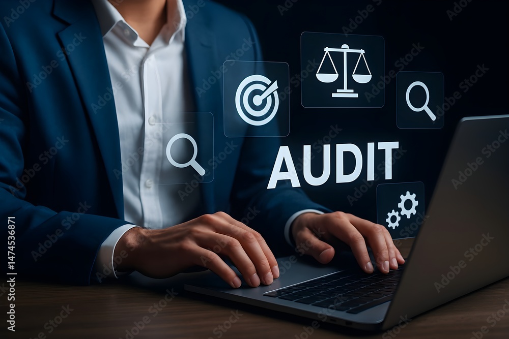 Poster a close-up shot of a businessman's hands on a laptop, with digital audit icons and the word 'audit' 