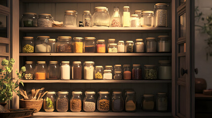 Well-Stocked Pantry: A rustic wooden pantry brimming with rows of glass jars filled with spices, herbs, grains, and other pantry staples. The warm glow of the light illuminates the rows of jars.