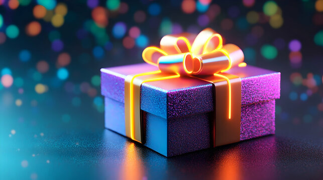 A vibrant purple gift box with a glowing gold ribbon, set against a bokeh background