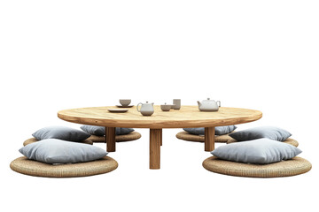 Low round wooden table with cushions for seating and tea set