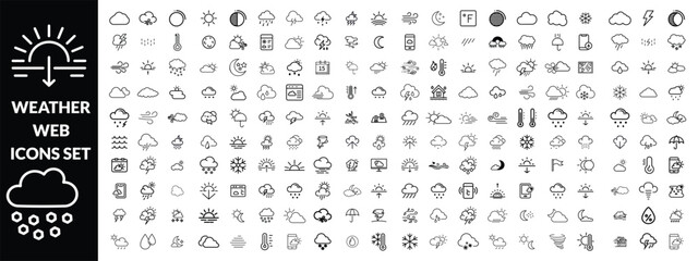 Weather set of web icons in line style. Forecast weather icons for web and mobile app. Forecast, clouds, sunny day, wind, snowflakes, sun, rain, thunder storm, dew, wind, moon. Vector illustration
