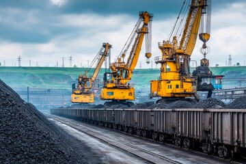 Large yellow cranes are actively loading coal into freight trains in an industrial setting. The overcast sky contrasts with the dark coal piles nearby, indicating ongoing operations