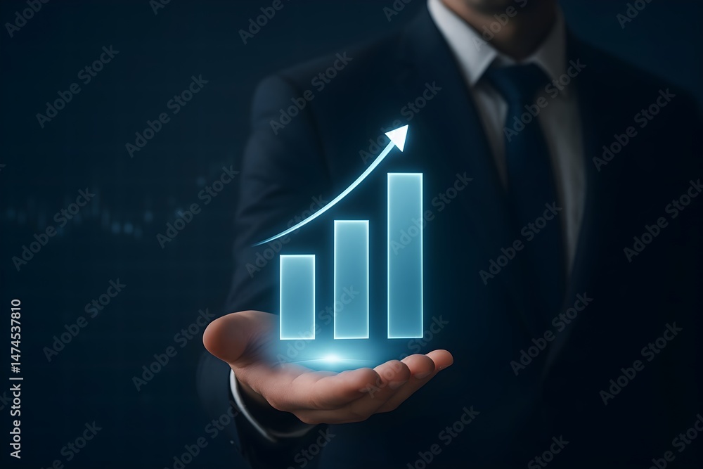 Poster a man in a suit presents a futuristic, glowing bar graph showcasing upward growth. the image conveys