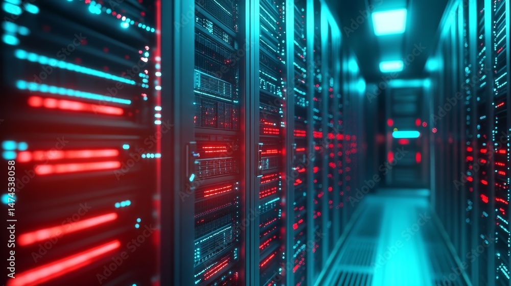 Poster data center technology overview server room image controlled environment low angle modern infrastruc