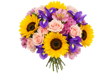 Bright summer flower bouquet with sunflower, rose, hydrangea, aster in purple and yellow tones isolated on white background. Colorful floral arrangement studio shot.