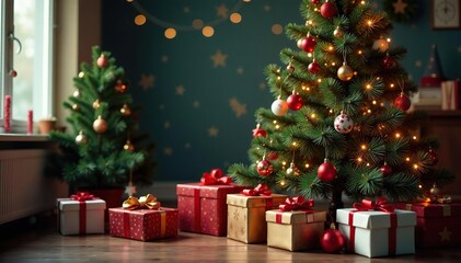 Beautifully decorated Christmas tree overflowing with presents , season, festive, red