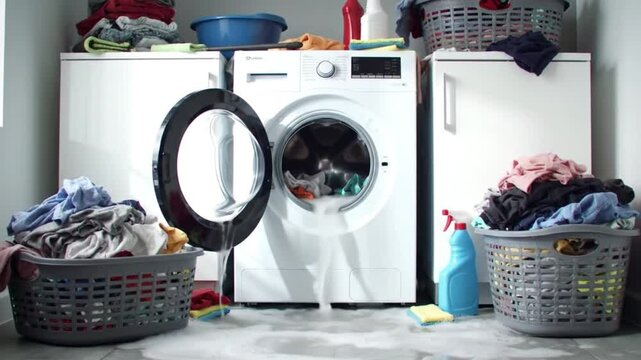 Inside a brightly lit home laundry room where a washing machine malfunctions, soap suds and water pouring out onto the floor