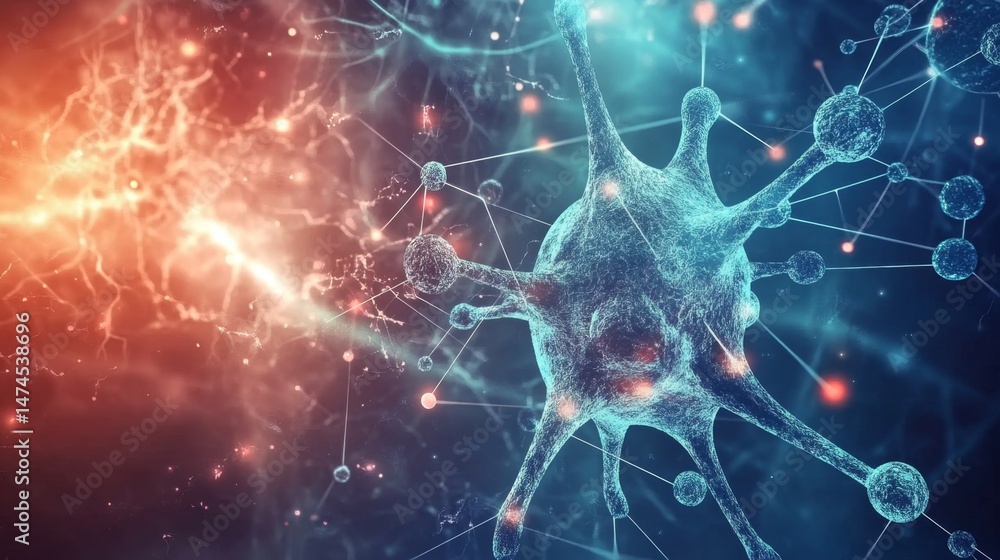 Aufkleber dynamic microscopic visualization of cells and neurons scientific research lab digital art abstract 