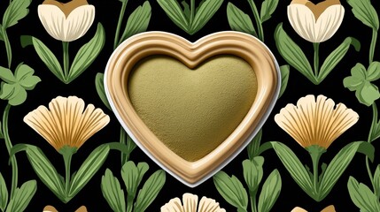 Obraz premium Heart-shaped container of green powder placed on floral patterned background design