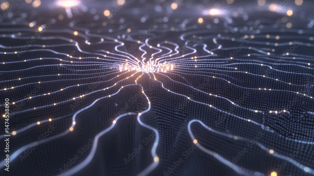 Poster illuminated network patterns digital realm abstract visuals tech environment aerial perspective data